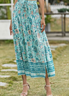 Blue Boho long Skirt with smocked waist, floral pattern with slit