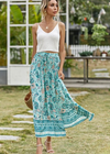 Blue Boho long Skirt with smocked waist, floral pattern with slit