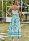 Blue Boho long Skirt with smocked waist, floral pattern with slit