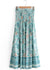 Blue Boho long Skirt with smocked waist, floral pattern with slit