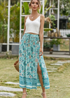 Blue Boho long Skirt with smocked waist, floral pattern with slit