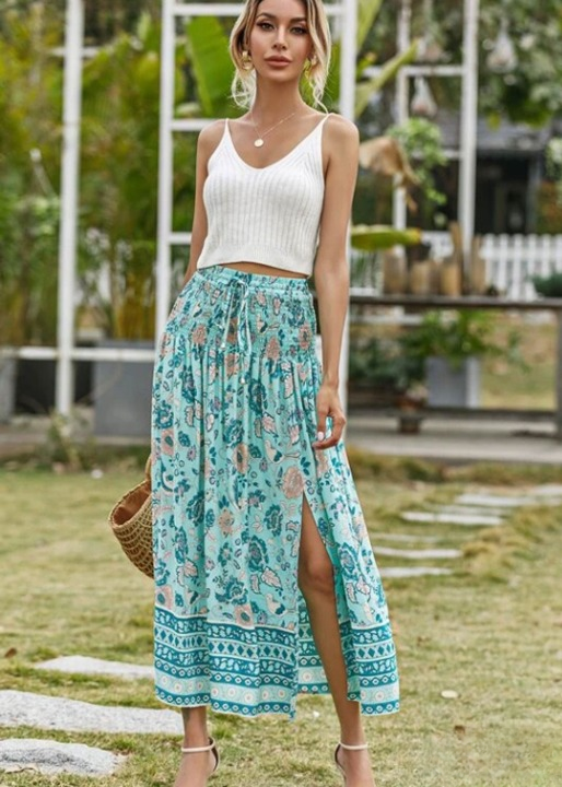 Blue Boho long Skirt with smocked waist, floral pattern with slit