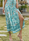 Blue Boho long Skirt with smocked waist, floral pattern with slit