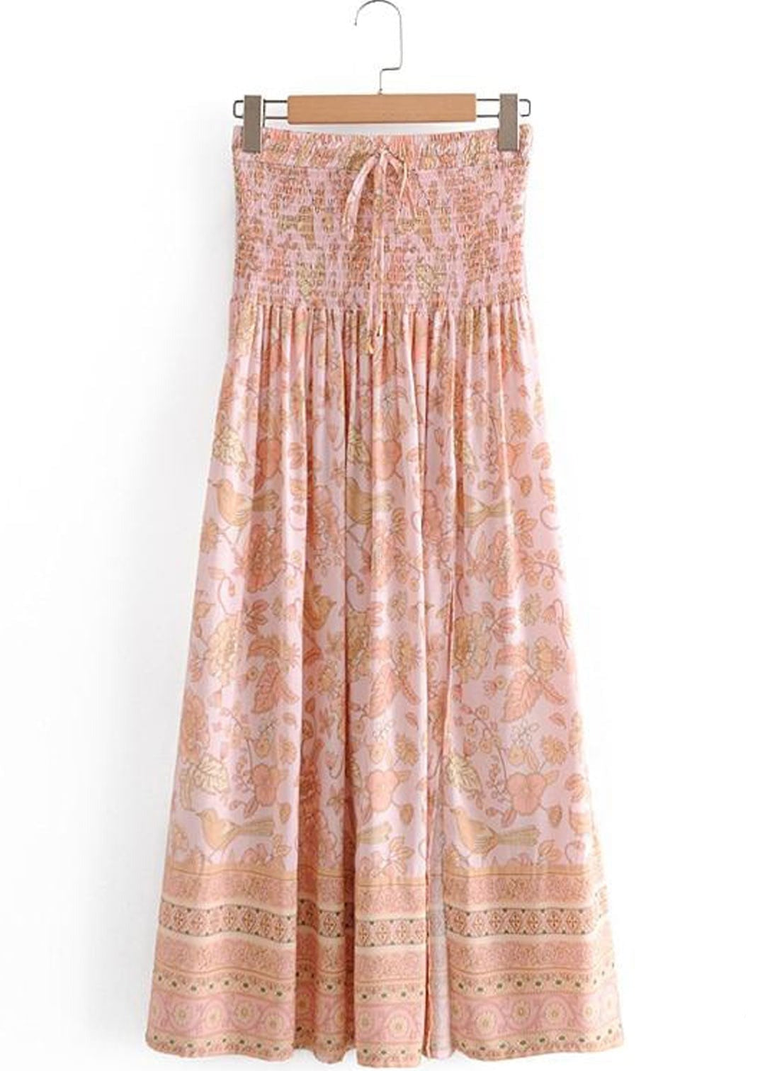 Apricot Boho long Skirt with smocked waist, floral pattern with slit