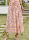 Apricot Boho long Skirt with smocked waist, floral pattern with slit