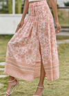 Apricot Boho long Skirt with smocked waist, floral pattern with slit