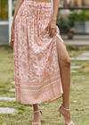 Apricot Boho long Skirt with smocked waist, floral pattern with slit