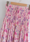 Pink Boho long Skirt with smocked waist, floral pattern with slit