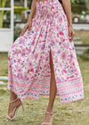 Pink Boho long Skirt with smocked waist, floral pattern with slit