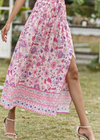 Pink Boho long Skirt with smocked waist, floral pattern with slit