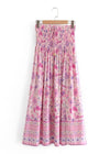 Pink Boho long Skirt with smocked waist, floral pattern with slit