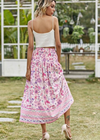 Pink Boho long Skirt with smocked waist, floral pattern with slit