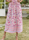 Pink Boho long Skirt with smocked waist, floral pattern with slit