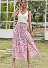 Pink Boho long Skirt with smocked waist, floral pattern with slit