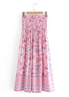 Pink Boho long Skirt with smocked waist, floral pattern with slit