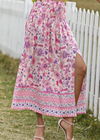 Pink Boho long Skirt with smocked waist, floral pattern with slit