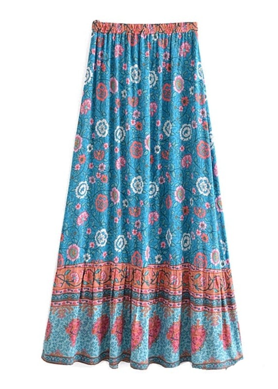 Blue Boho Chic Long Skirt with colorful floral pattern