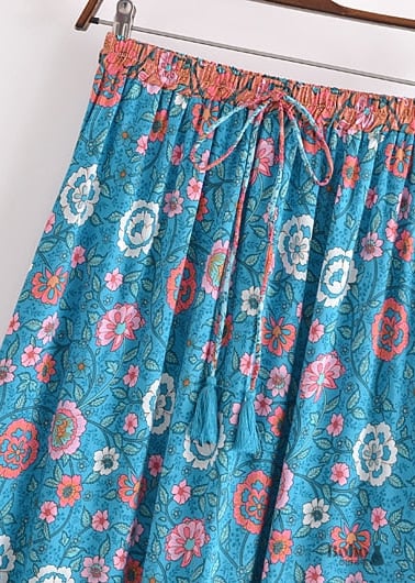 Blue Boho Chic Long Skirt with colorful floral pattern