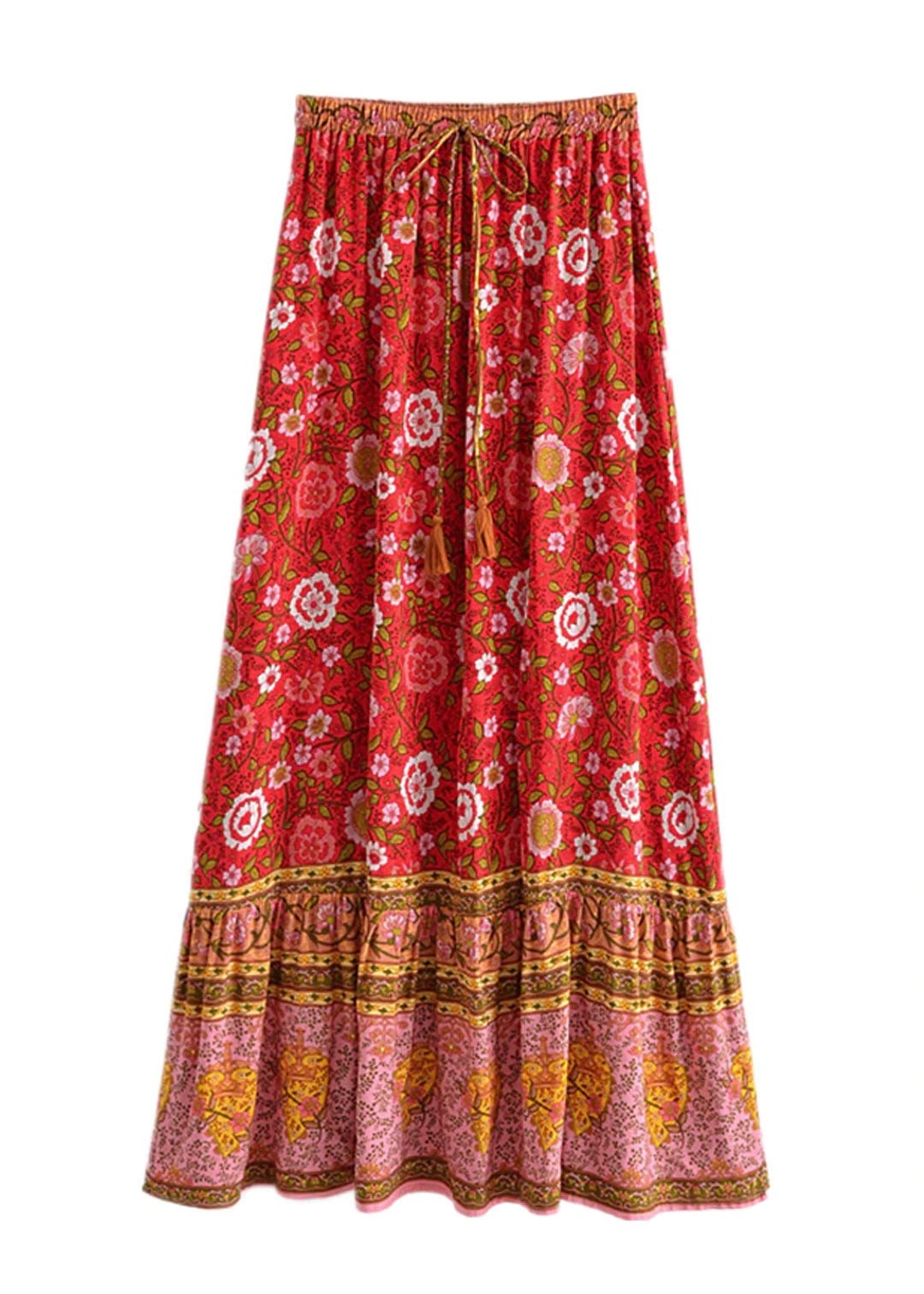 Red Boho Chic Long Skirt with colorful floral pattern