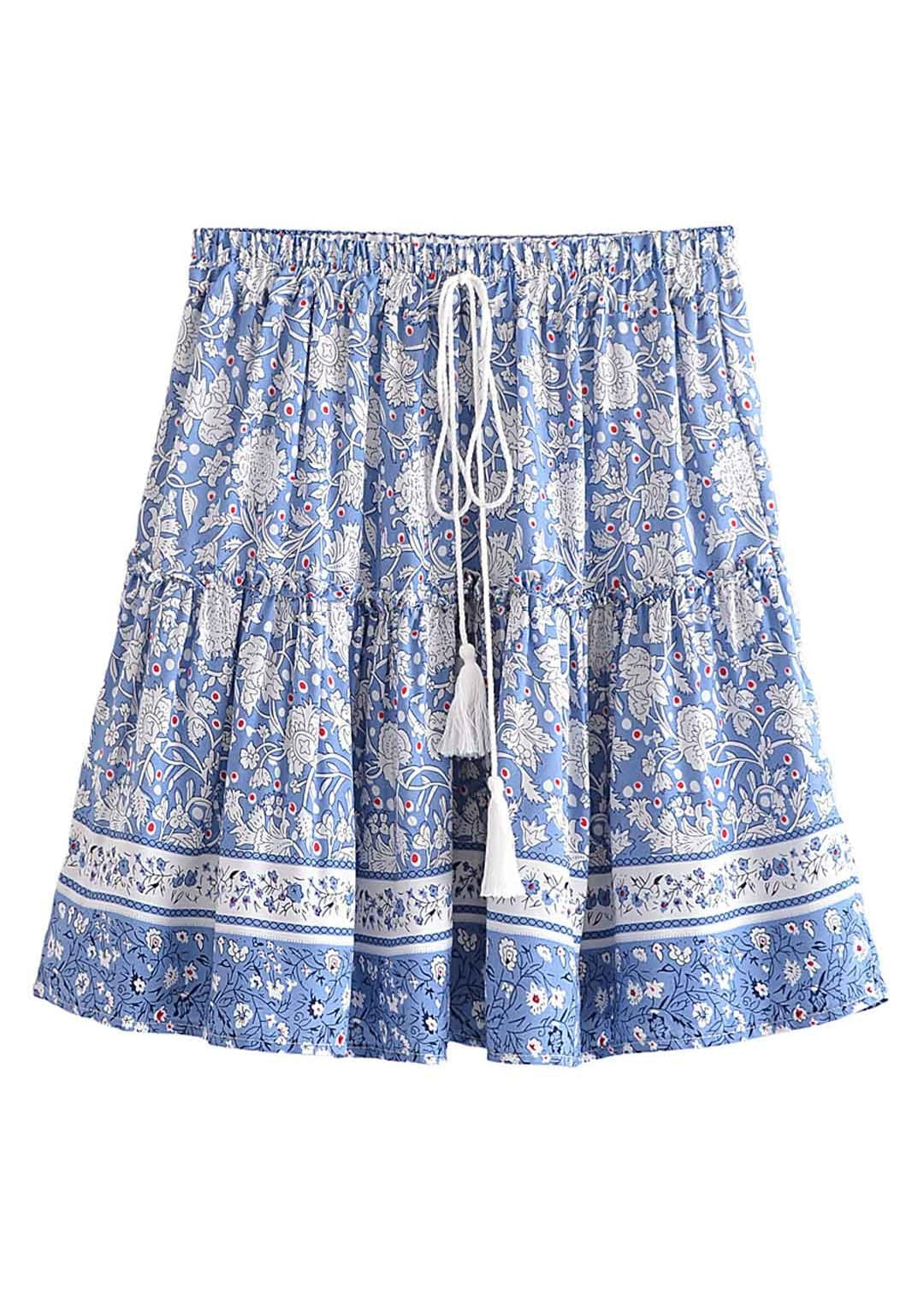 Boho mini wrap skirt, sky blue floral pattern with pompom