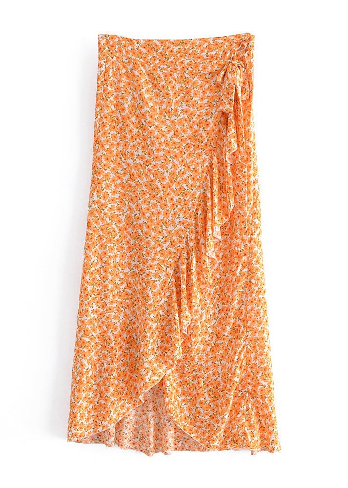 Long wrap Skirt Boho asymmetric Floral pattern Orange