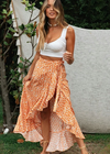 Long wrap Skirt Boho asymmetric Floral pattern Orange