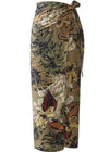 Long Boho wrap Skirt straight, tropical green floral pattern