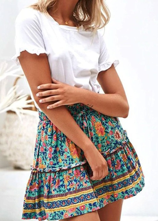 Boho Short skirts green, floral pattern with pompom cord