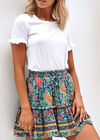 Boho Short skirts green, floral pattern with pompom cord