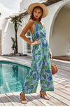 Boho Summer Tropical Jumpsuit with Blue and Green Jungle Pattern