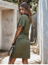 Button through Boho Mini Dress in Khaki Green