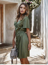 Button through Boho Mini Dress in Khaki Green