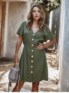 Button through Boho Mini Dress in Khaki Green