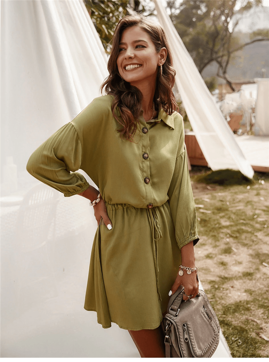 Chic Bohemian Mini Dress in Khaki Green