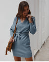 Chic Light Blue Knit Wrap Mini Dress