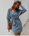 Chic Light Blue Knit Wrap Mini Dress