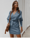 Chic Light Blue Knit Wrap Mini Dress