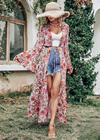 Long Boho Kimono with flowers and long flared sleeves