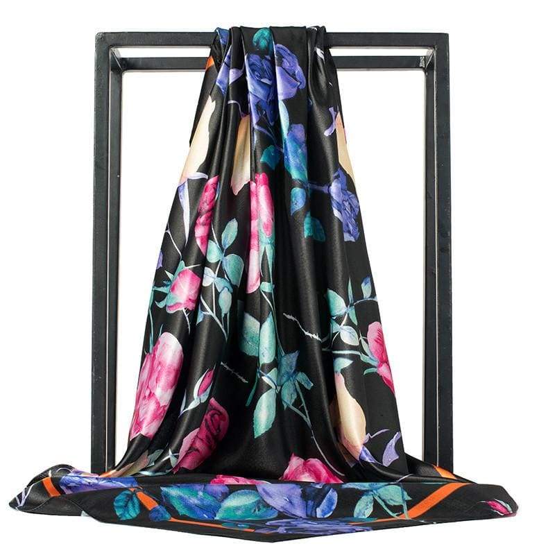 Boho Vintage Scarf  Black colorful floral print