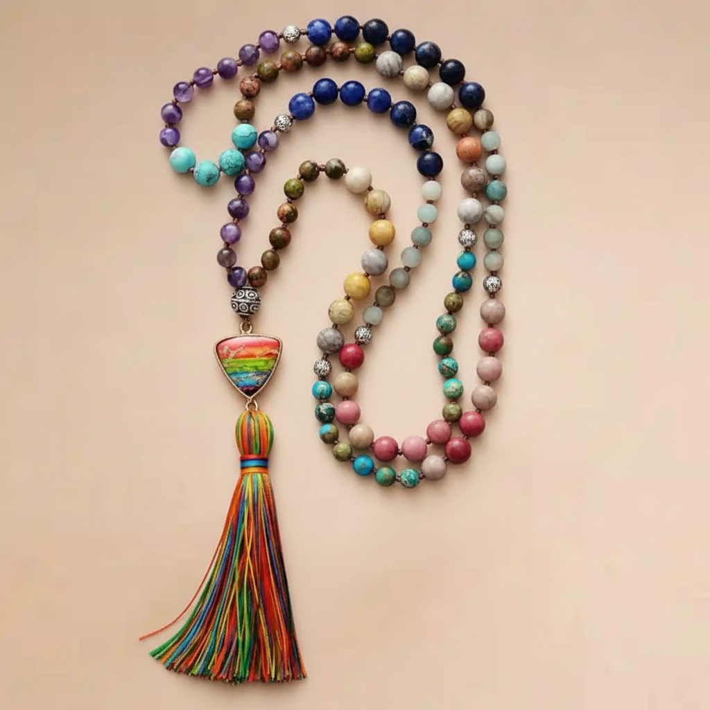 Boho Beads Necklace Pompom Pendant