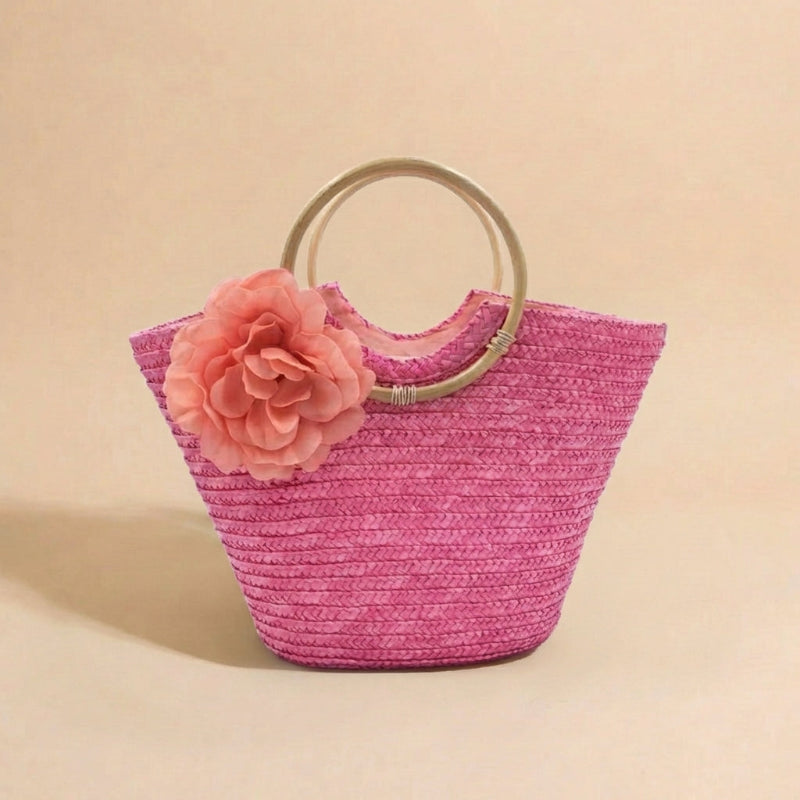 Boho Straw Tote Bag Big Flower