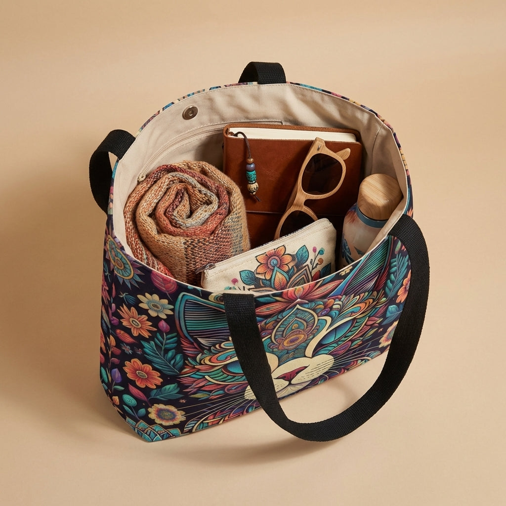 Bohemian Floral Cat Canvas Tote Bag