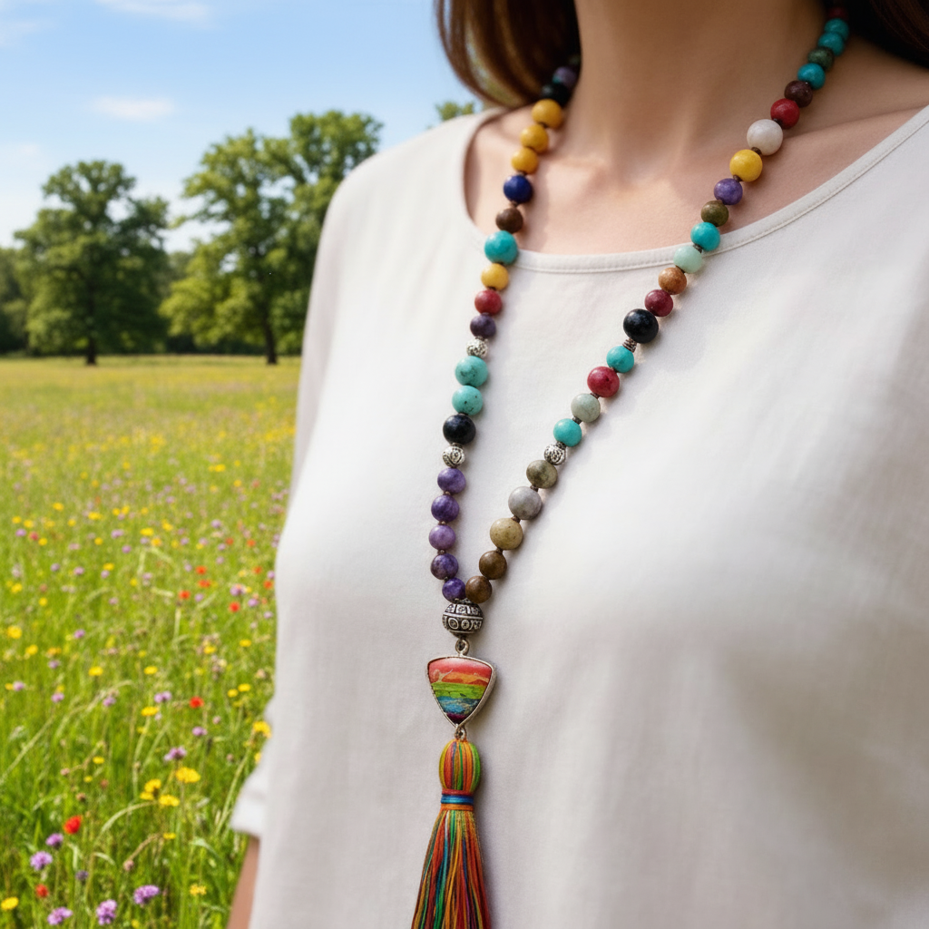 Boho Beads Necklace Pompom Pendant