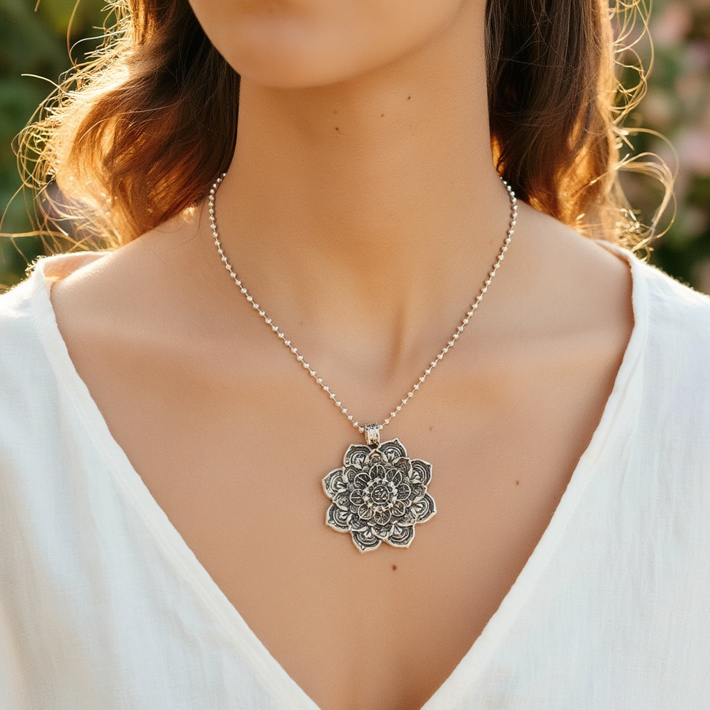 Long Boho Necklace Flower Pendant