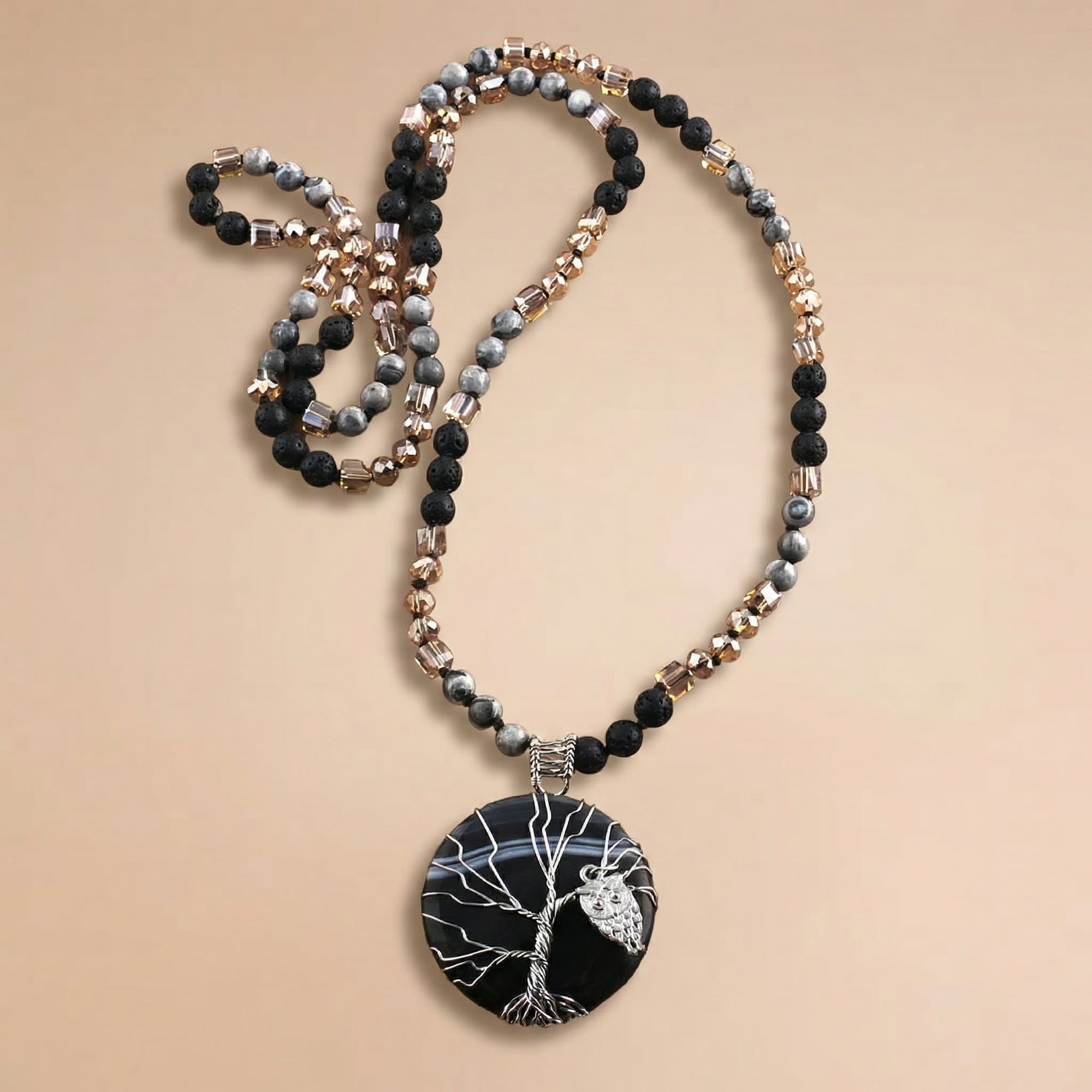 Long Boho Necklace Tree of Life Pendant