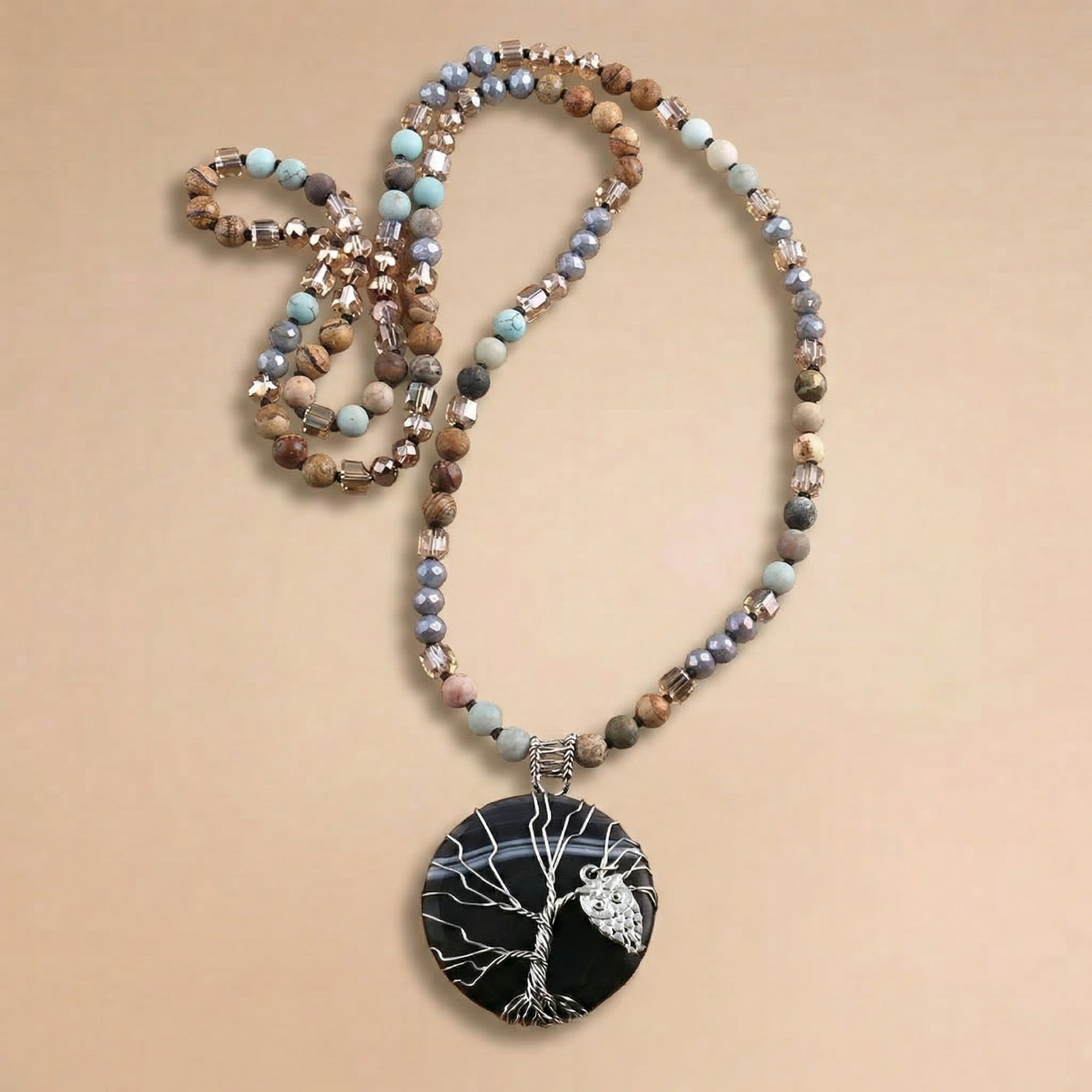 Long Boho Necklace Tree of Life Pendant