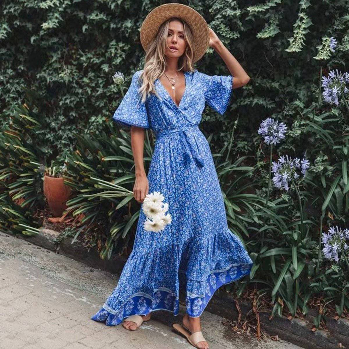 Boho Mood Long Hippie Chic Dress in Blue S