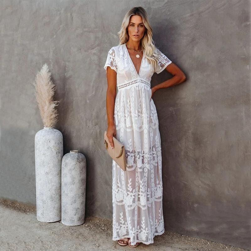 Long white lace boho dress best sale