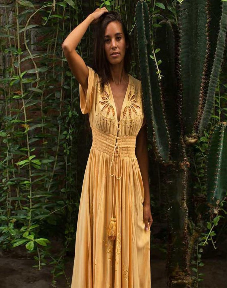 Maxi Long Bohemian Split Dress in Yellow