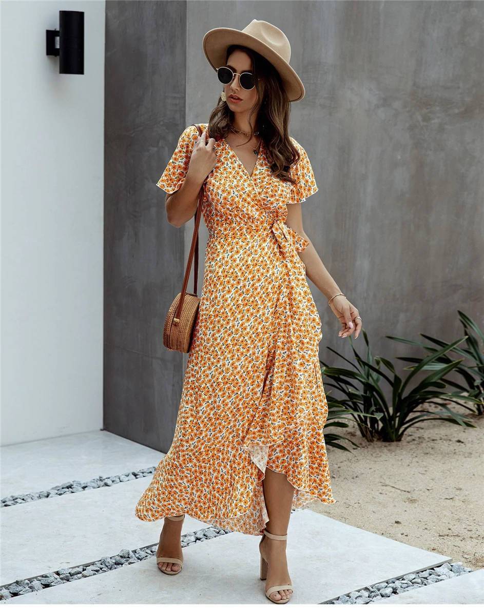 Mid-Length Boho Dress in with Sunflower Print